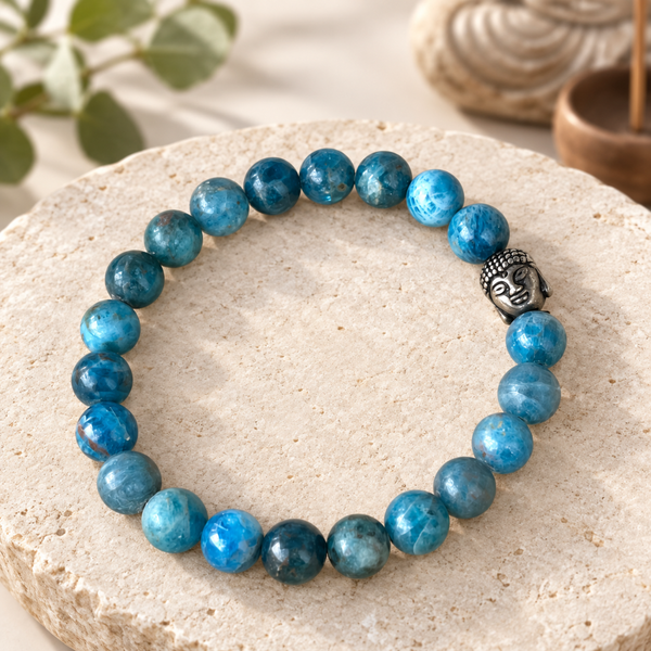 A blue apatite bracelet made of round blue marbled gemstone beads with a small silver Buddha head charm, displayed on a textured beige stone slab.