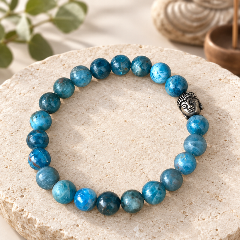A blue apatite bracelet made of round blue marbled gemstone beads with a small silver Buddha head charm, displayed on a textured beige stone slab.