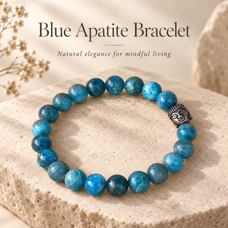 Blue apatite beaded bracelet with a small silver Buddha head charm, displayed on a textured beige stone slab with decorative dried flowers and text overlay.