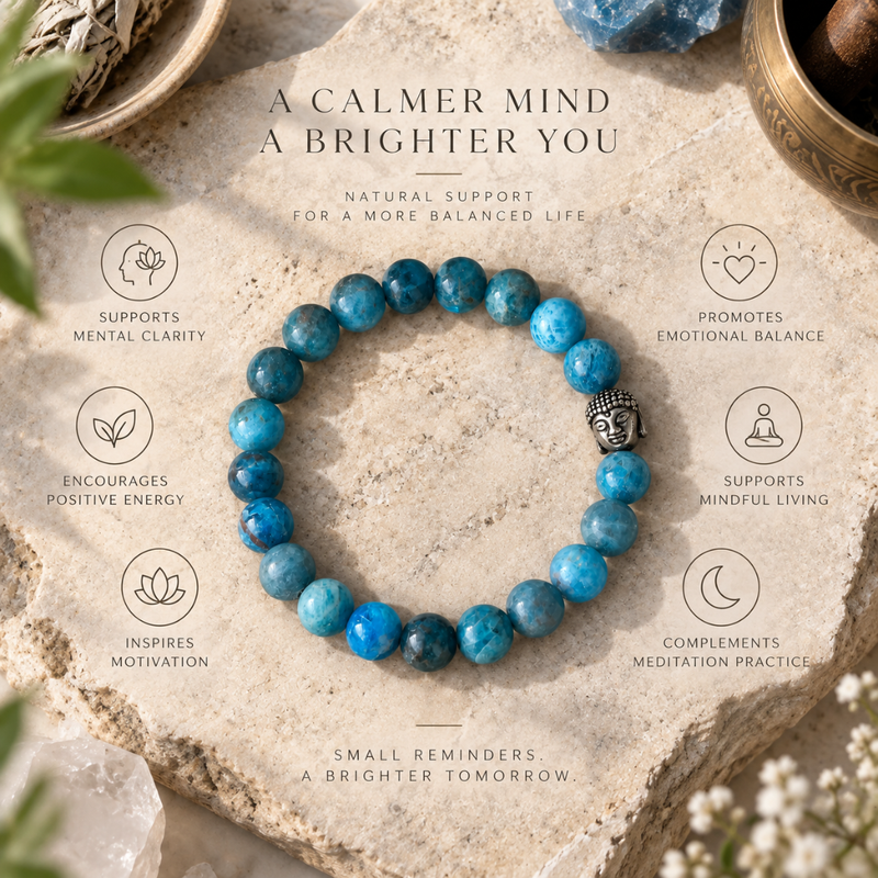 A blue beaded bracelet with a small metallic Buddha head charm is arranged on a stone surface with wellness-themed text and icons around it. The bracelet beads are predominantly medium blue with natural marbling, and the central charm is silver-toned.