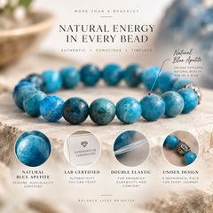 A blue stone beaded bracelet displayed on a stone surface with marketing text and feature callouts. The bracelet is made of round natural blue apatite beads with visible natural color variation.