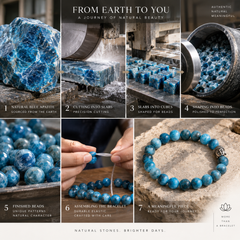 A 7-panel promotional collage for a blue apatite beaded bracelet, titled 'FROM EARTH TO YOU'. The panels show raw blue stone, cutting and polishing the stone, beads in a jar, finished beads, a hand assembling a bracelet, and the completed bracelet on a stone surface.