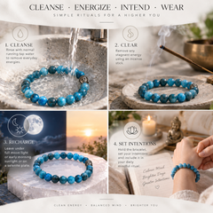 A four-panel promotional graphic for a beaded bracelet. The top text reads 'CLEANSE • ENERGIZE • INTEND • WEAR'.