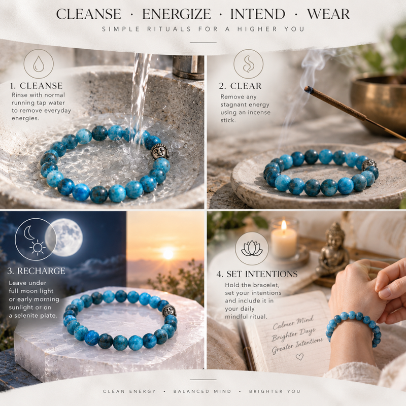A four-panel promotional graphic for a beaded bracelet. The top text reads 'CLEANSE • ENERGIZE • INTEND • WEAR'.