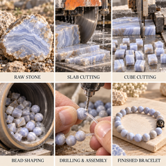 A six-panel collage showing the process of turning a blue-and-white agate stone into a beaded bracelet. The panels are labeled 'RAW STONE', 'SLAB CUTTING', 'CUBE CUTTING', 'BEAD SHAPING', 'DRILLING & ASSEMBLY', and 'FINISHED BRACELET'.