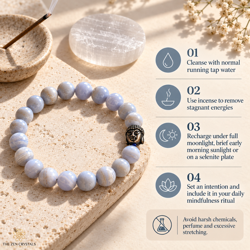 A beaded bracelet made of pale lavender-gray round stones with a small black Buddha head charm, displayed on a beige stone slab with wellness props and text instructions on the right.