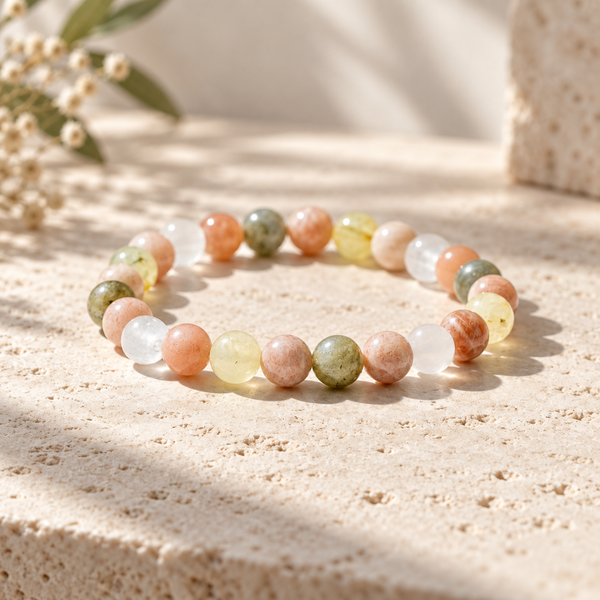 A beaded stretch bracelet for the cancer zodiac made of translucent, round gemstone-like beads in peach, green, white, and yellow, arranged in a circle on a textured beige stone surface with soft natural shadows.