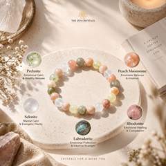 A beaded crystal bracelet arranged in a circle on a light stone dish, surrounded by labeled crystal insets and decorative props. The bracelet contains pastel peach, pink, green, yellow, and white stones.