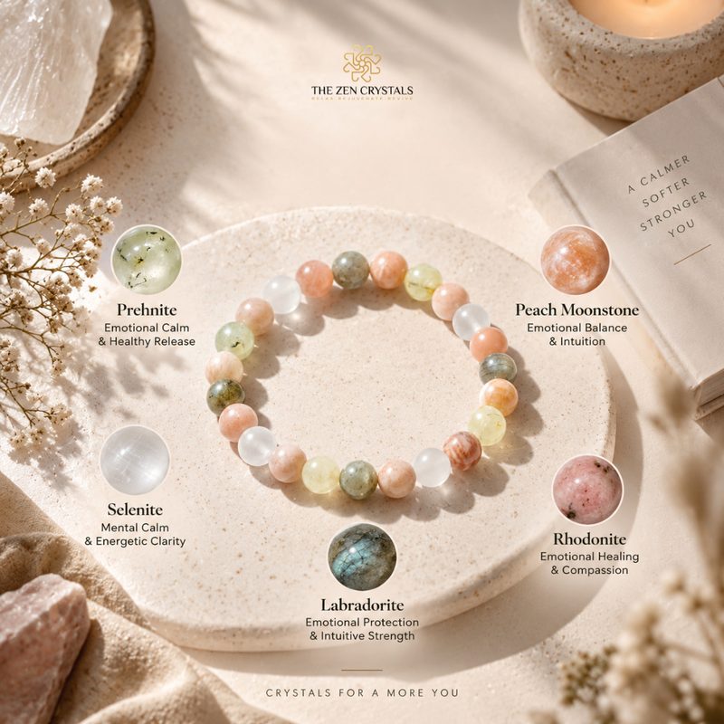 A beaded crystal bracelet arranged in a circle on a light stone dish, surrounded by labeled crystal insets and decorative props. The bracelet contains pastel peach, pink, green, yellow, and white stones.