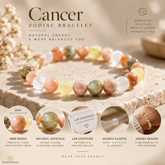 A Cancer zodiac bracelet made of multicolored natural crystal beads, displayed on a stone slab with astrological and product feature callouts.