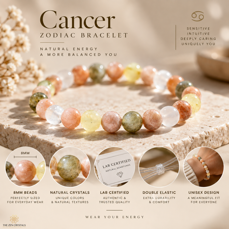 A Cancer zodiac bracelet made of multicolored natural crystal beads, displayed on a stone slab with astrological and product feature callouts.