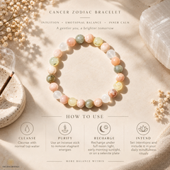 A Cancer zodiac bracelet made of multicolored peach, green, yellow, and white gemstone beads, displayed on a textured beige fabric with decorative dried flowers, a crystal, and an incense stick. The image includes an informational graphic detailing how to use the bracelet.