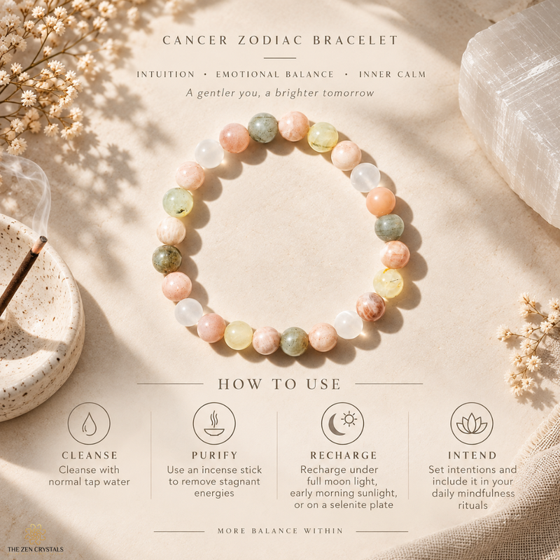 A Cancer zodiac bracelet made of multicolored peach, green, yellow, and white gemstone beads, displayed on a textured beige fabric with decorative dried flowers, a crystal, and an incense stick. The image includes an informational graphic detailing how to use the bracelet.