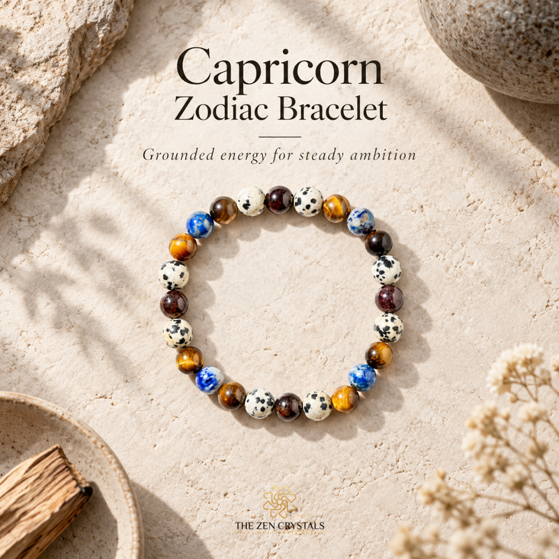 A beaded stretch bracelet labeled 'Capricorn Zodiac Bracelet' by The Zen Crystals, displayed on a textured beige stone surface with decorative rocks and dried flowers. The bracelet features a mix of polished brown, black-and-white spotted, blue, and amber beads.