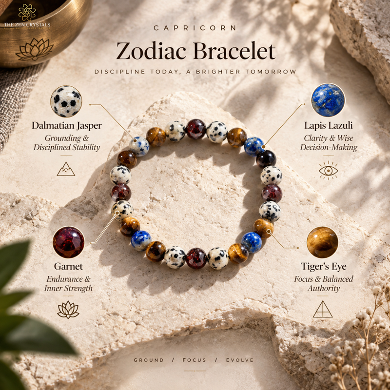 A beaded astrology bracelet for Capricorn, made of multicolored gemstone beads including Dalmatian Jasper, Lapis Lazuli, Garnet, and Tiger's Eye, displayed on a textured beige stone with astrological text overlays.