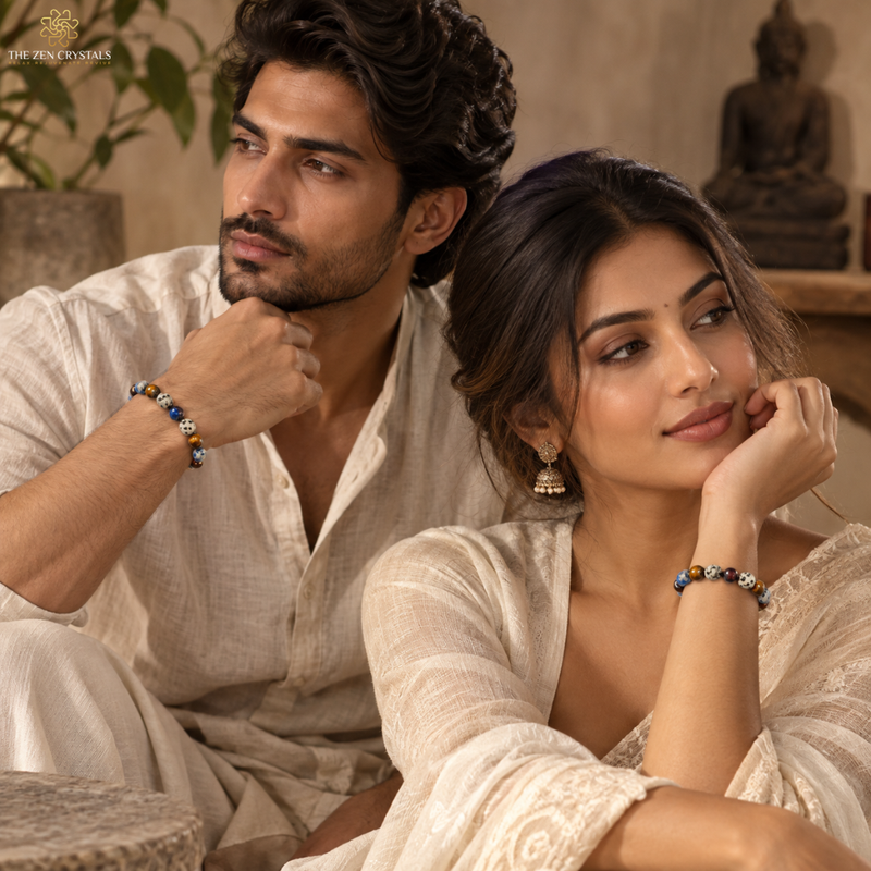 A man and a woman wearing matching beaded bracelets and jhumka earrings, posed together in a warm, rustic indoor setting. The brand logo 'The Precious' is visible in the top left corner.