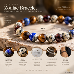 A promotional graphic for a Capricorn Zodiac Bracelet by The Zen Crystals, showing a beaded bracelet made of polished natural gemstone beads resting on a stone slab. The image includes text overlays detailing the bracelet's features, such as 8mm beads, natural crystals, and double elastic, along with certification badges.