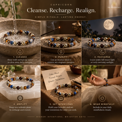A six-panel promotional graphic for a beaded spiritual bracelet. The top banner reads 'CAPRICORN' and 'The Crystal Craze.