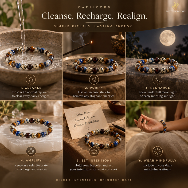 A six-panel promotional graphic for a beaded spiritual bracelet. The top banner reads 'CAPRICORN' and 'The Crystal Craze.