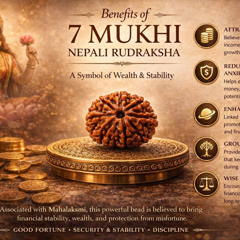7 Mukhi Nepali Rudraksha with benefits listed on a decorative background
