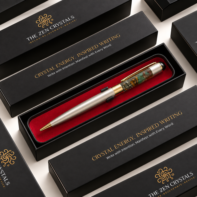 A luxury ballpoint pen with a silver body and a green crystal inlay, presented in a red-lined black box. Multiple matching black gift boxes with gold branding are arranged around it on a light background.