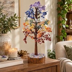 A chakra tree metal sculpture with multicolored crystal leaves on a round wood-grain base, displayed on a wooden table in a cozy, sunlit living room setting.