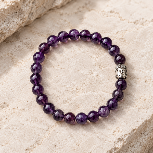 An amethyst bracelet made of polished purple amethyst beads, featuring a small silver Buddha head charm on one end, displayed on a textured beige stone surface.