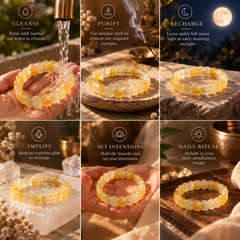 Six-panel lifestyle collage showing a yellow translucent beaded bracelet in different usage scenes: rinsing under running water, cleansing with an incense stick, under moonlight, on a salt block, held in a hand with intention, and worn as a daily ritual piece.