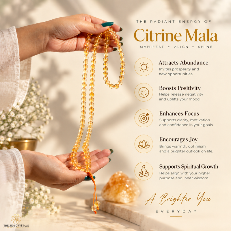 A person holds a Citrine Mala prayer bead necklace made of translucent golden-yellow crystals. The image features a text overlay detailing the benefits of Citrine, set against a warm, softly lit background with a second crystal cluster on a marble slab.