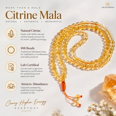A coiled Citrine Mala prayer bead necklace made of natural yellow-orange citrine beads with an orange cord and tassel, displayed on a light beige background with product features and branding text.