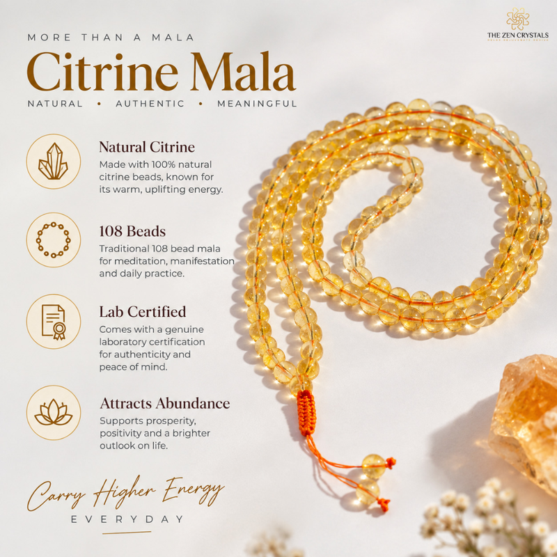 A coiled Citrine Mala prayer bead necklace made of natural yellow-orange citrine beads with an orange cord and tassel, displayed on a light beige background with product features and branding text.