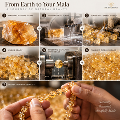 A promotional infographic showing the journey of natural citrine stone into finished beads. The top panel contains the text 'From Earth to Your Mala' and the brand logo 'The Zen Crystals'.