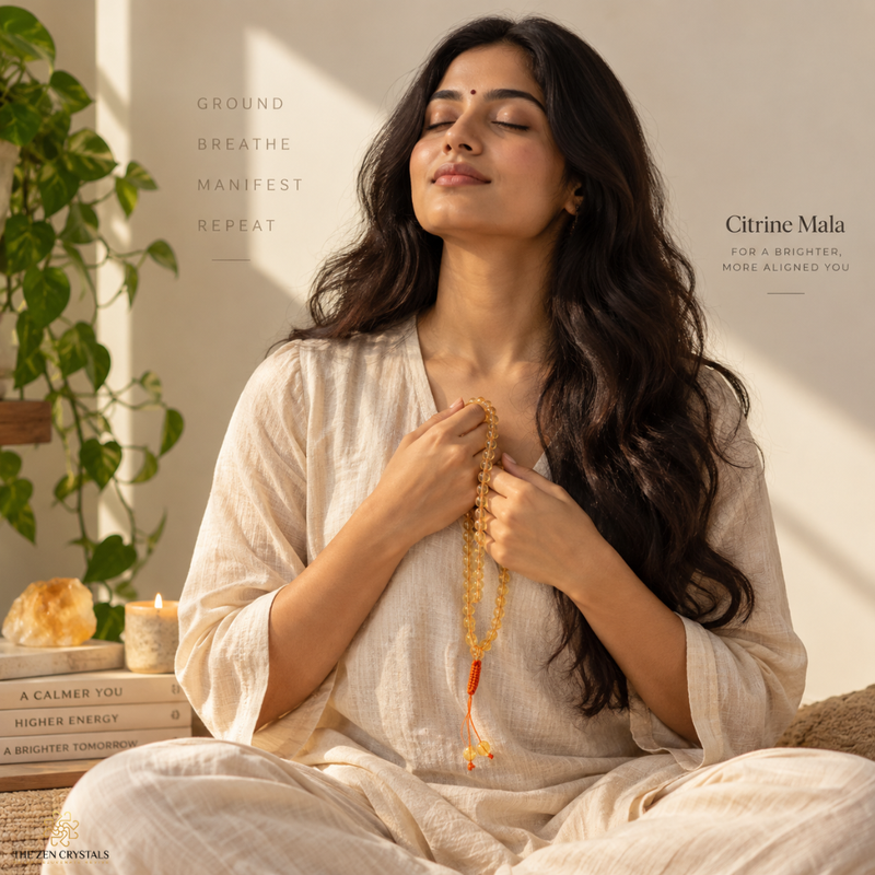 A woman in a beige linen outfit sits cross-legged in a meditative pose, holding a citrine jaap mala. The background is a warm, sunlit room with a green plant, a candle, and a small crystal cluster, with text overlays reading 'GROUND BREATHE MANIFEST REPEAT' and 'Citrine Mala'.