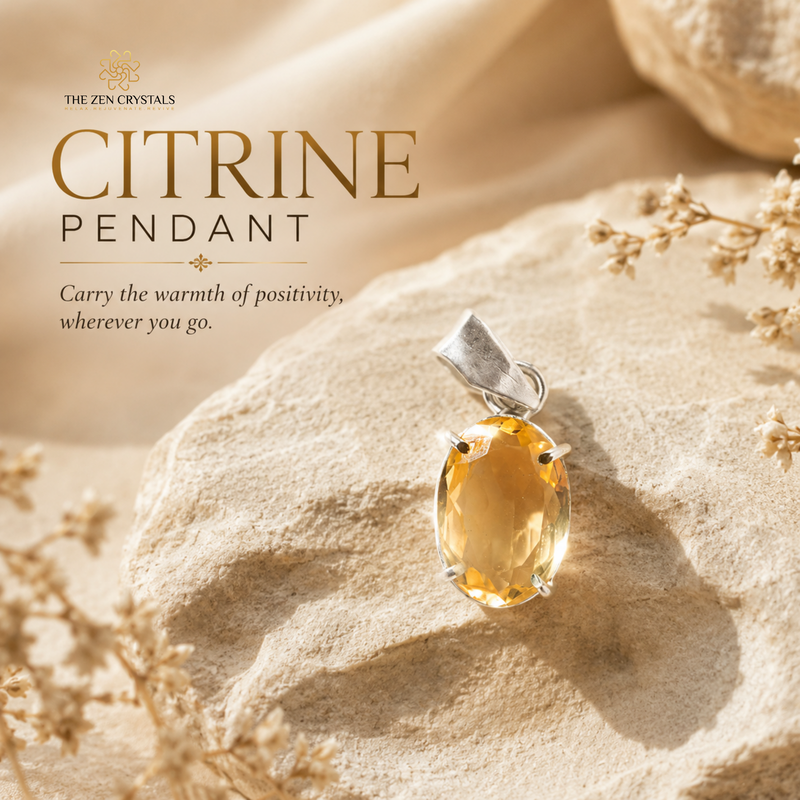 A faceted citrine pendant, displayed on a textured beige stone with dried flowers. The image features text overlays reading 'THE ZEN CRYSTALS CITRINE PENDANT' on a warm beige background.