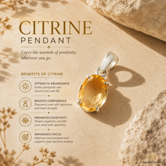A citrine pendant necklace displayed on a textured beige background with decorative stones and text detailing the benefits of citrine. The pendant features a polished yellow-orange citrine gemstone in a silver bezel setting.