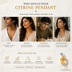 An informational marketing graphic for a Citrine pendant necklace by The Zen Crystals. The top text reads 'WHO SHOULD WEAR CITRINE PENDANT' with descriptive qualities of citrine.