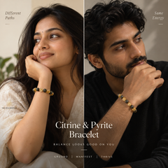 a man and a woman wearing the citrine pyrite bracelet by the zen crystals