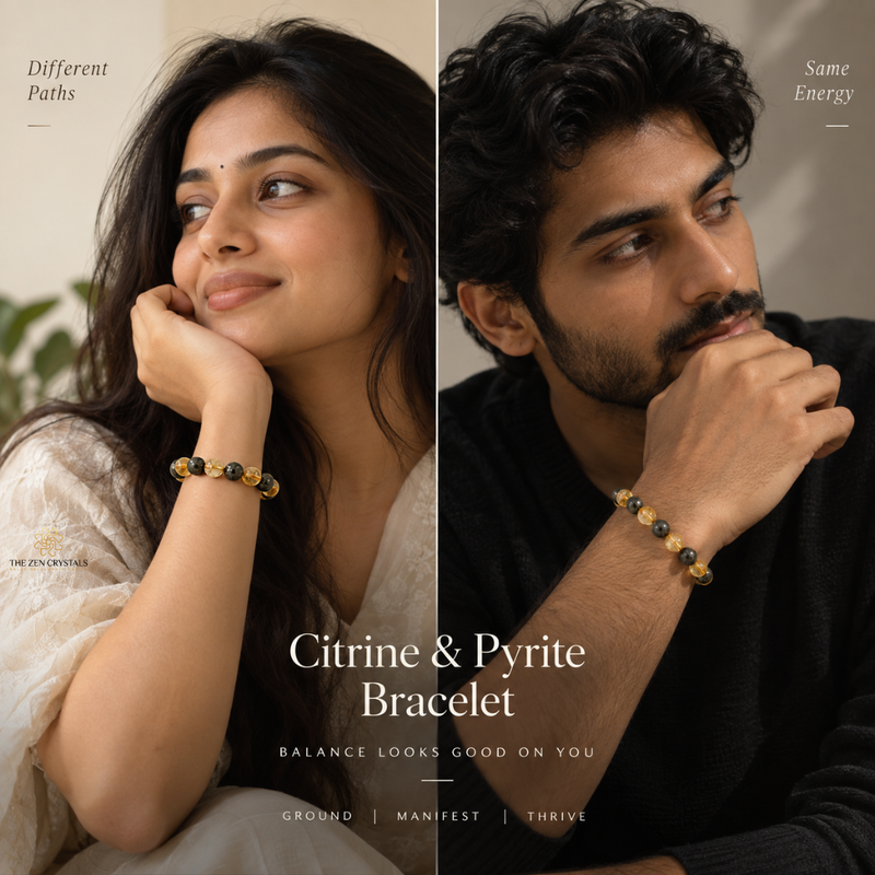 a man and a woman wearing the citrine pyrite bracelet by the zen crystals