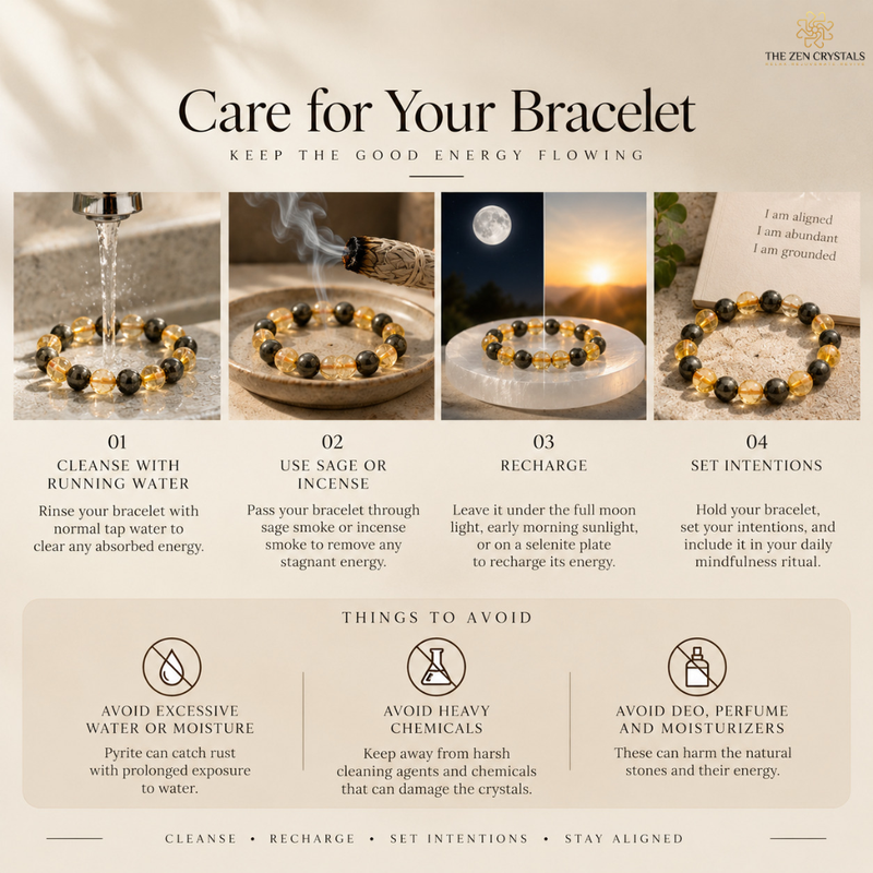 An informational care guide for a crystal bracelet from The Zen Crystals, featuring four steps for care and four icons for things to avoid on a light beige background with dark gray text.