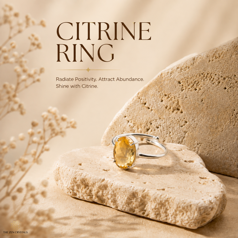 A silver-tone ring with a round yellow citrine gemstone, displayed on textured beige stone props with decorative dried flowers. The image features text overlays reading 'CITRINE RING' and 'Radiate Positivity.