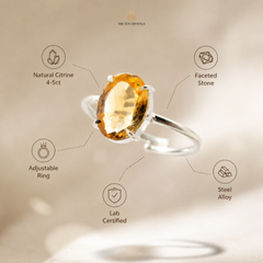 A silver ring with an oval faceted citrine gemstone, shown floating on a warm beige background with feature callouts and the brand name The Zen Crystals.