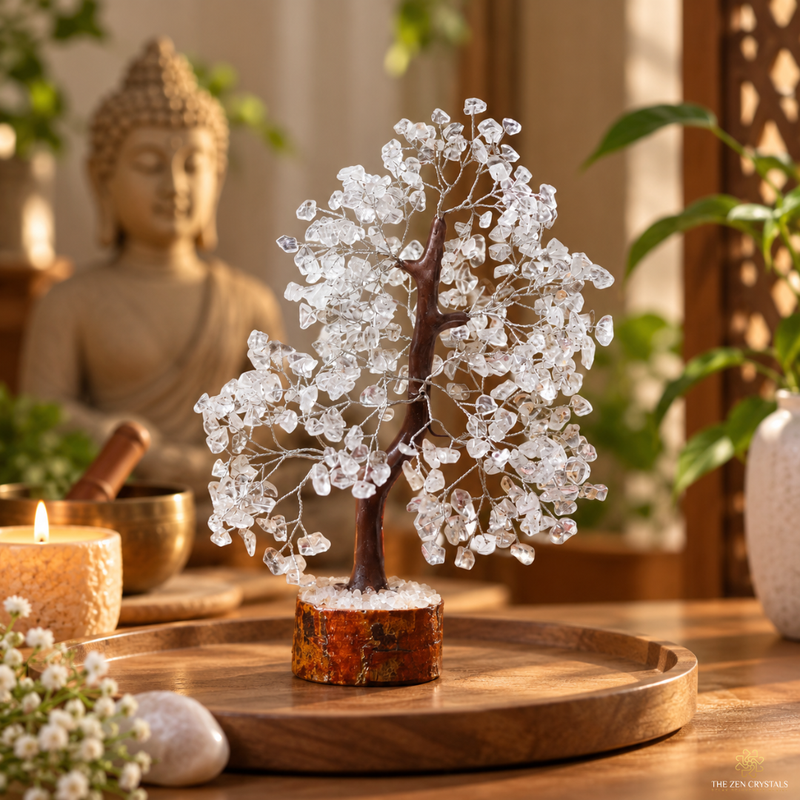 A crystal tree of life decorative sculpture made of clear faceted stones on a dark brown wire branch, displayed on a round wooden tray in a warm, Zen-style room with a Buddha statue and plants in the background.