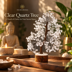 A Clear Quartz Tree of Life crystal worshipping tree displayed on a wooden tray in a warm, serene setting with a Buddha statue and lit candles in the background. The brand logo 'The Zen Crystals' is visible at the top.