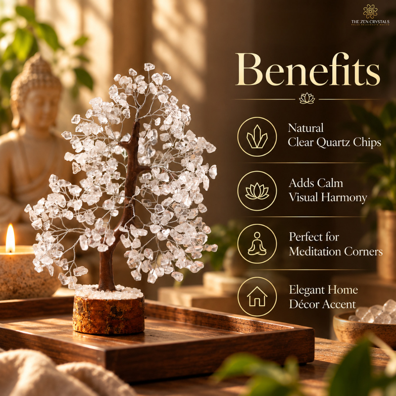 Crystal tree meditation decor with clear quartz chips on a dark wood branch, displayed on a wooden tray in a warm, serene room setting with text highlighting its benefits.