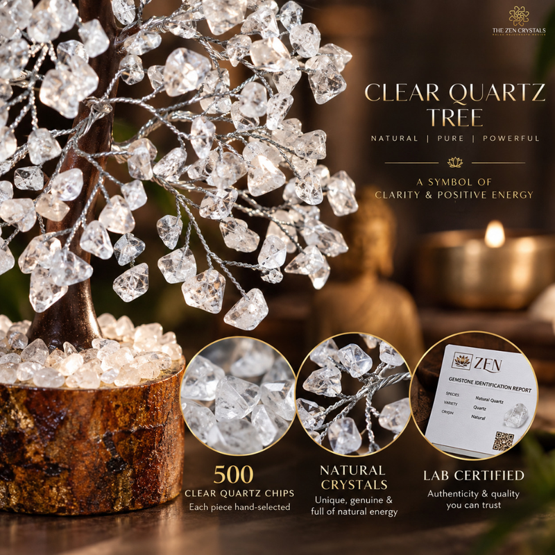 A decorative clear quartz tree made of many faceted transparent quartz crystals on a silver branch structure, displayed on a rustic wood base. The image includes marketing text reading 'Clear Quartz Tree' and three circular inset callouts showing 500 clear quartz chips, natural crystals, and a lab certification report.