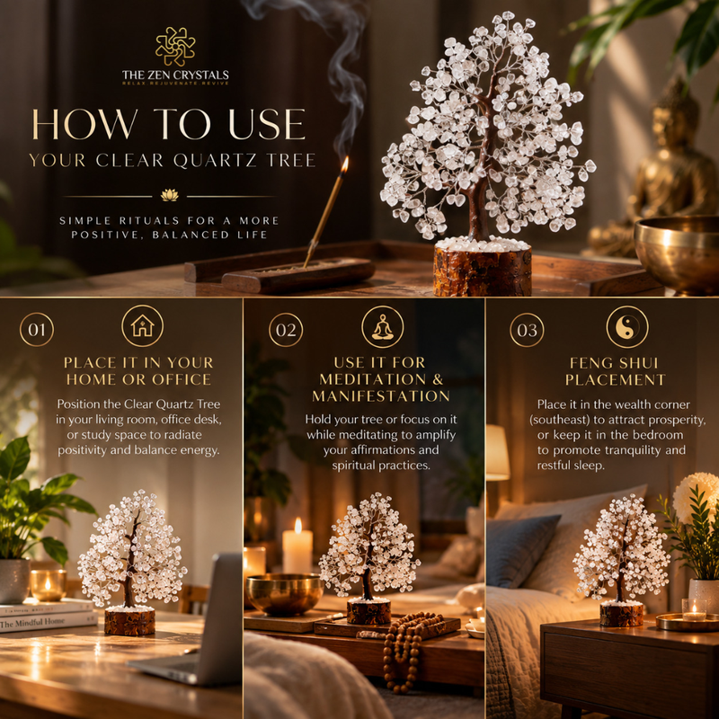 Promotional graphic for a clear quartz tree with three panels showing lifestyle settings: in a living room, on a desk, and in a bedroom. The top section includes the text 'HOW TO USE YOUR CLEAR QUARTZ TREE' and 'THE ZEN CRYSTALS'.