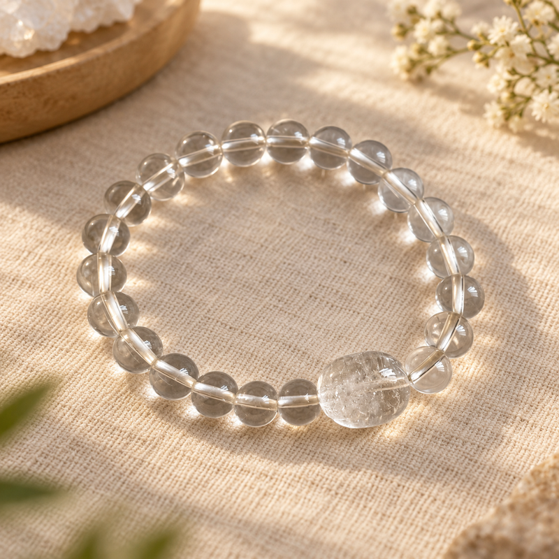 A clear crystal beaded bracelet with a large polished round bead, displayed on a textured beige linen fabric with soft natural shadows.
