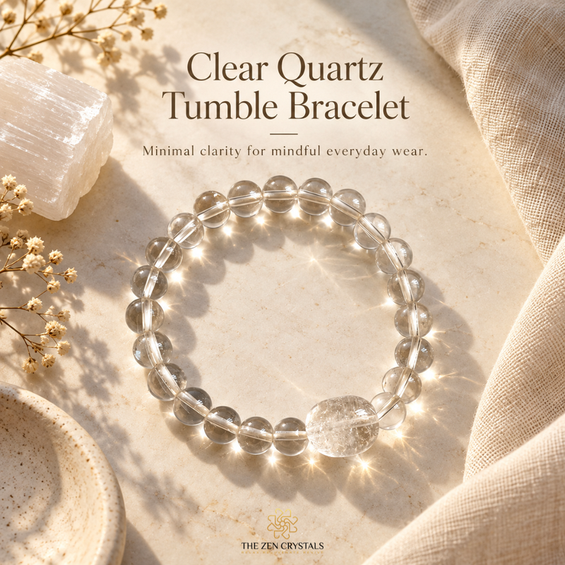 A clear quartz tumbler beaded bracelet with a larger polished clear stone, displayed on a textured beige surface with warm sunlight and shadows. The image includes text reading 'Clear Quartz Tumbler Bracelet' and the brand 'The Zen Crystals'.