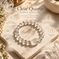 A clear quartz tumble bracelet with a large polished round stone, displayed on a textured beige stone slab surrounded by crystals and decorative elements. Text overlays describe the bracelet's benefits, with the brand name 'The Quartz Club' visible in the bottom right corner.