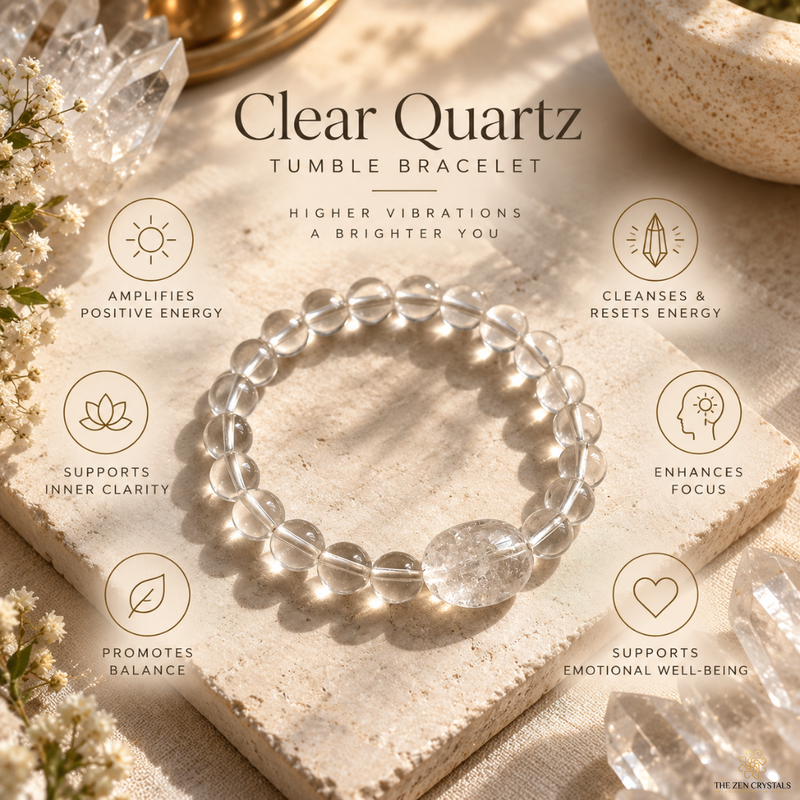 A clear quartz tumble bracelet with a large polished round stone, displayed on a textured beige stone slab surrounded by crystals and decorative elements. Text overlays describe the bracelet's benefits, with the brand name 'The Quartz Club' visible in the bottom right corner.